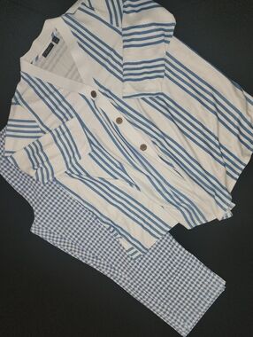 Womans XL Susan Graver MiddBlue and White Striped Tunic Set